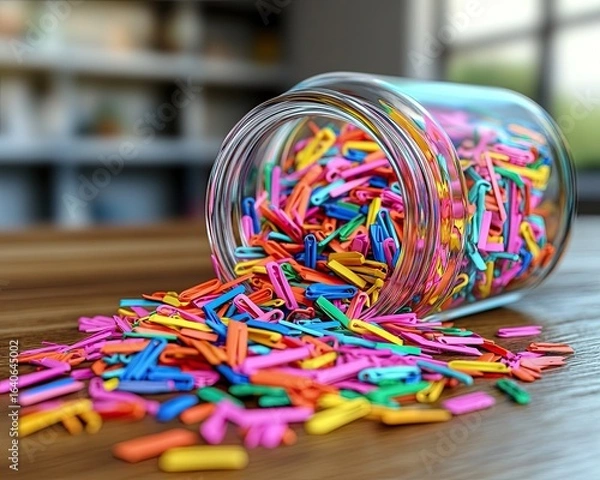 Obraz A pile of multicolored paperclips spilling out of a transparent jar onto a wooden table, ideal for Paperclip Day themes, 8k, realistic