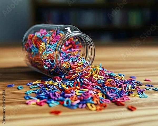 Obraz A pile of multicolored paperclips spilling out of a transparent jar onto a wooden table, ideal for Paperclip Day themes, 8k, realistic