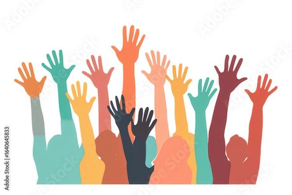 Fototapeta Colorful silhouettes of diverse individuals raising hands in celebration against a transparent background at an outdoor event during daytime expressing joy and unity
