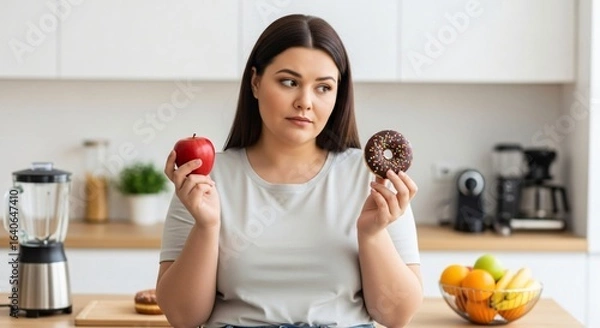 Fototapeta A caucasian woman choosing between a healthy red apple and an unhealthy donut