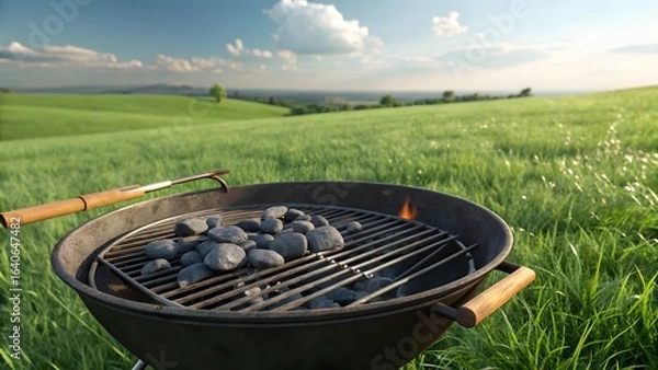 Fototapeta Outdoor Charcoal Grill with Burning Coals in a Green Field on a Sunny Day Landscape
