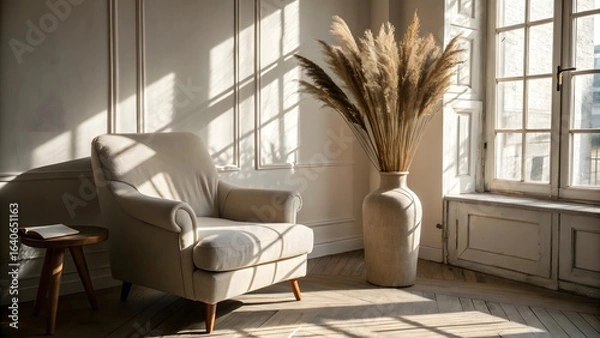 Fototapeta Sunlit Reading Nook with Armchair, Pampas Grass, and Natural Light by the Window