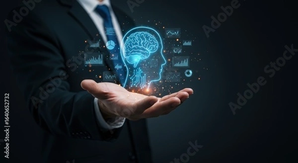 Fototapeta Businessman holding a glowing digital brain with data visualizations