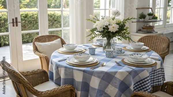 Fototapeta Elegant Dining Table Setting with Blue Gingham Tablecloth and White Floral Centerpiece