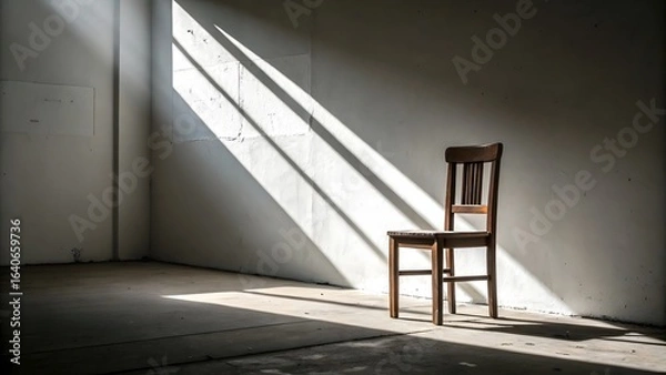 Fototapeta Wooden Chair Bathed in Sunlight in an Empty Room with Concrete Floor and White Walls