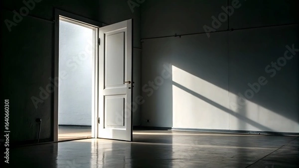 Fototapeta Open Doorway with Sunlight Streaming into a Dark Room with Concrete Floor and Walls