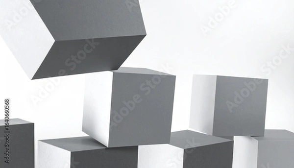 Fototapeta Several gray and white cubes are arranged on a white background, with one large cube tilted downwards.
