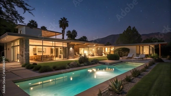 Fototapeta Luxurious Modern House with Swimming Pool and Illuminated Interior at Night Under Starry Sky