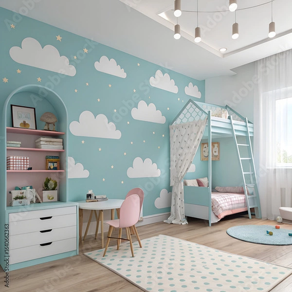 Obraz childern bedroom with a blue wall and sky on the wall