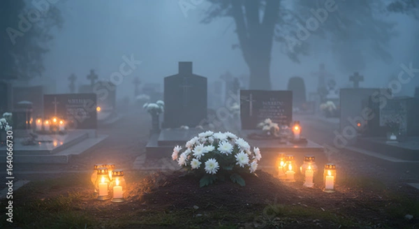 Fototapeta Foggy graveyard with flowers and candles, AI generated	