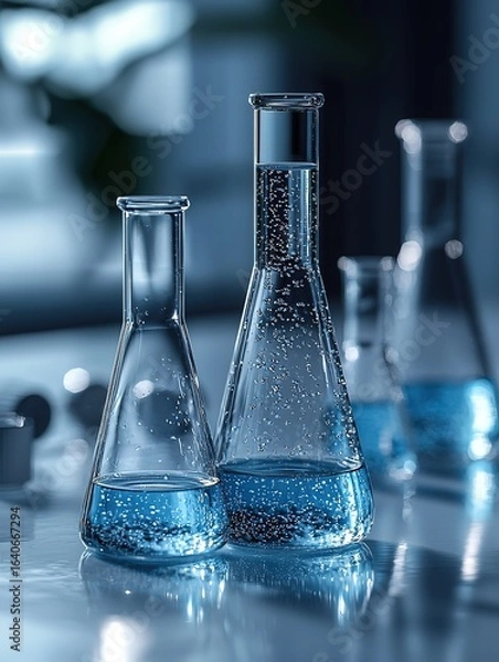 Fototapeta Monochromatic Laboratory Scene with Focused Glass Vial and Shelved Reports