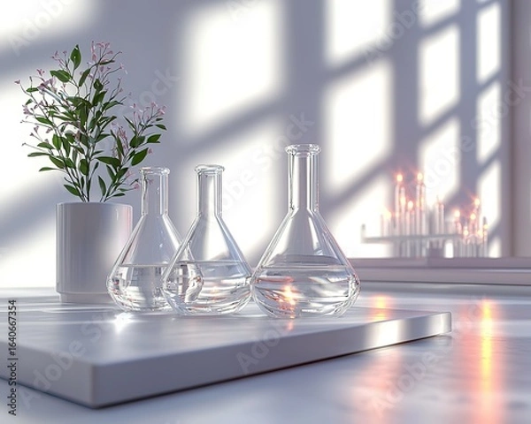 Fototapeta Monochromatic Laboratory Scene with Focused Glass Vial and Shelved Reports