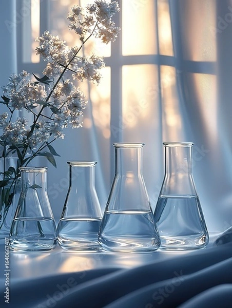 Fototapeta Monochromatic Laboratory Scene with Focused Glass Vial and Shelved Reports