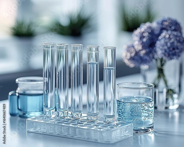 Fototapeta Monochromatic Laboratory Scene with Focused Glass Vial and Shelved Reports
