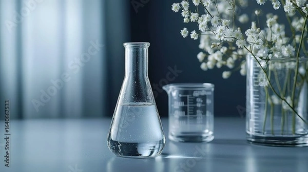 Fototapeta Monochromatic Laboratory Scene with Focused Glass Vial and Shelved Reports