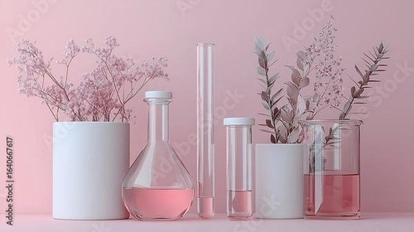 Fototapeta Monochromatic Laboratory Scene with Focused Glass Vial and Shelved Reports