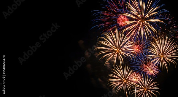 Fototapeta Fireworks explosion with golden and red sparks, AI generated	