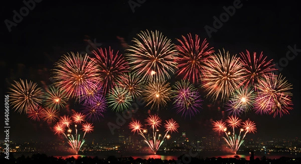 Fototapeta Fireworks show with symmetrical bursts, AI generated	