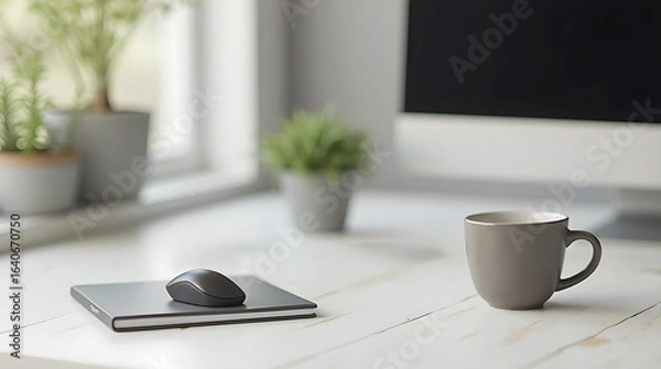 Fototapeta Desk setup with a computer, a mouse on a notepad, a coffee cup, and decorative plants in a bright workspace