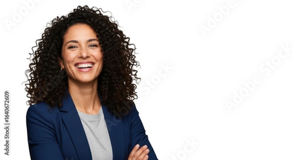 Obraz Woman with curly hair laughing, arms crossed, isolated on transparent background