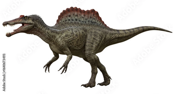 Obraz A full body view of a spinosaurus with its mouth open standing on a white background
