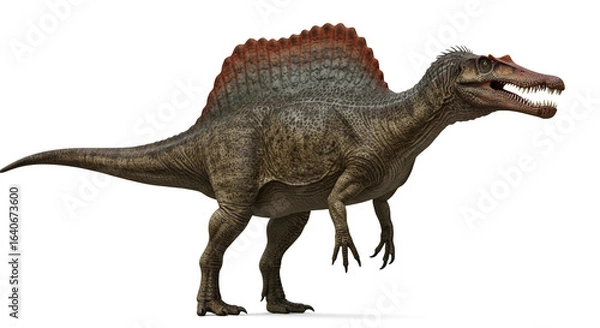 Obraz A full body view of a spinosaurus dinosaur with a large sail on its back on white background