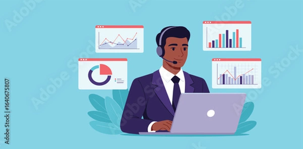 Obraz Employee in headset on laptop screen works and analyzes data and charts. Flat design illustration. Office and data analysis. 