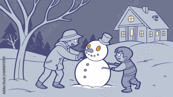 Fototapeta Father and son happily build a snowman together on a snowy winter evening in front of their cozy illuminated house