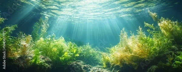 Obraz Underwater world filled with waving seaweeds and water plants, captured in idyllic clean waters. This peaceful underwater scene conveys the beauty and tranquility of marine life, Generative AI