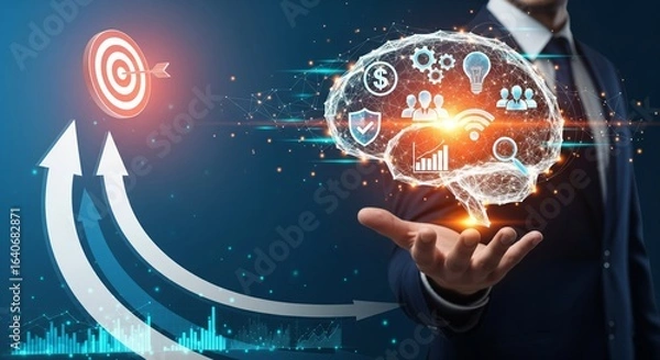 Fototapeta Businessman Holding Glowing Brain Network with Finance, Team and Technology 