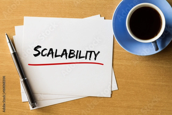 Fototapeta Scalability - handwriting on papers with cup of coffee and pen, business concept