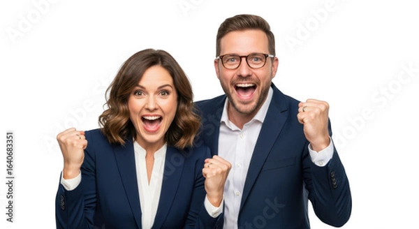 Obraz Excited business couple celebrating success isolated on transparent background