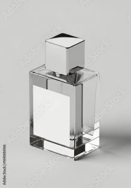 Fototapeta Empty clear glass perfume bottle with a silver cap and label.