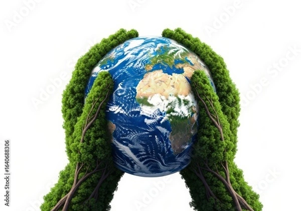 Fototapeta Two tree-like hands gently cradle a vibrant blue and green Earth globe against a clean white background, symbolizing environmental care and protection.