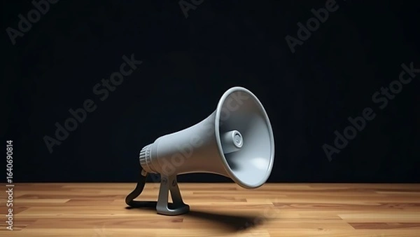 Fototapeta Megaphone placed on a wooden surface against a dark background.