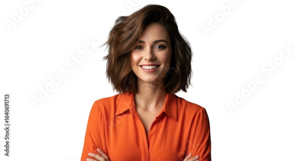 Obraz Young woman in orange shirt, arms crossed, isolated on transparent background