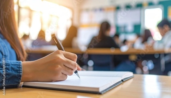 Fototapeta A student's hand writing in a notebook, other students blurred in the background, classroom setting.