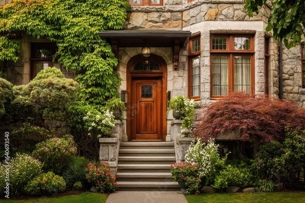 Obraz Front Stoop. Fragment of a Classic House with Beautiful Outdoor Landscape in Vancouver, Canada