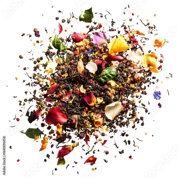 Obraz Colorful mix of loose leaf tea with flower petals on a dark transparent background