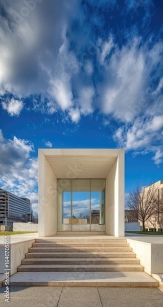 Fototapeta Modern white structure with steps leading to a glass-walled entryway under a partly cloudy sky