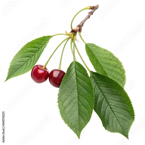 Fototapeta Cherry branch with leaves and fruit.