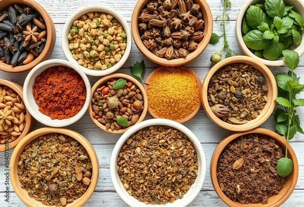 Obraz Assortment of dried herbs and spices in bowls,  cooking ingredients,  cloves