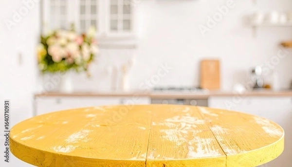 Fototapeta A round yellow wooden table stands in focus against a blurred background of a white kitchen.