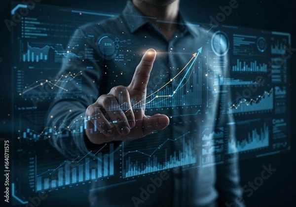 Fototapeta Businessman Analyzing Futuristic Data Dashboard Showing Growth Trends and Financial Statistics.