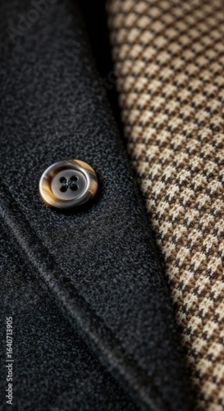 Fototapeta Close-up of dark gray wool coat fabric and brown houndstooth textile; textured detail shot.