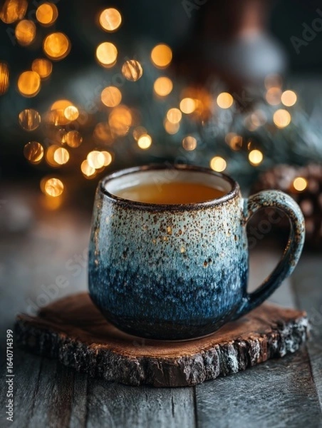 Fototapeta Cozy mug of tea with warm bokeh