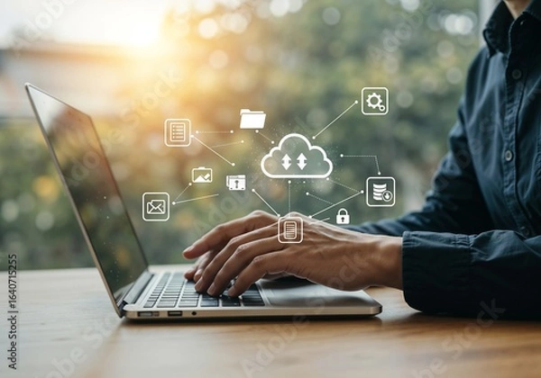 Fototapeta Person using laptop, cloud computing, data transfer, secure online storage, digital technology, modern workspace, professional business concept.