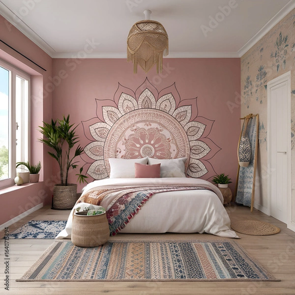 Obraz Boho-style bedroom with dusty rose walls, hand-painted mandala mural behind the bed, and layered woven rugs.