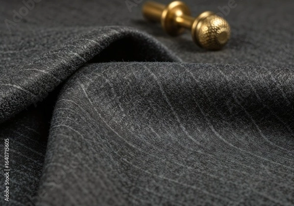Fototapeta Dark Gray Textured Fabric Drape with Gold Accent; Luxurious, Sophisticated Textile Background