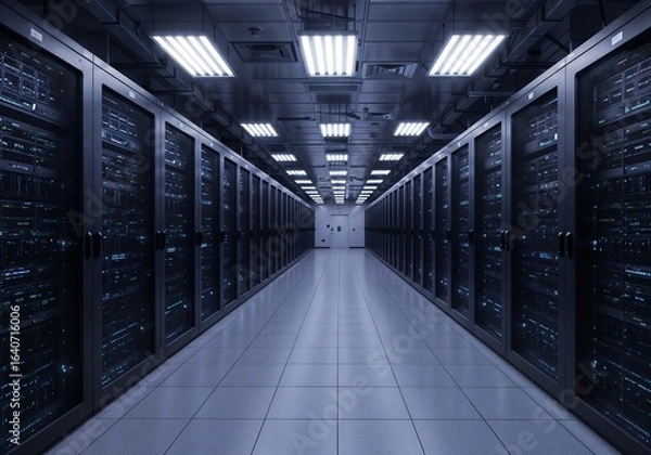 Fototapeta Modern Data Center Server Room: Sleek, Dark, and Technologically Advanced Infrastructure